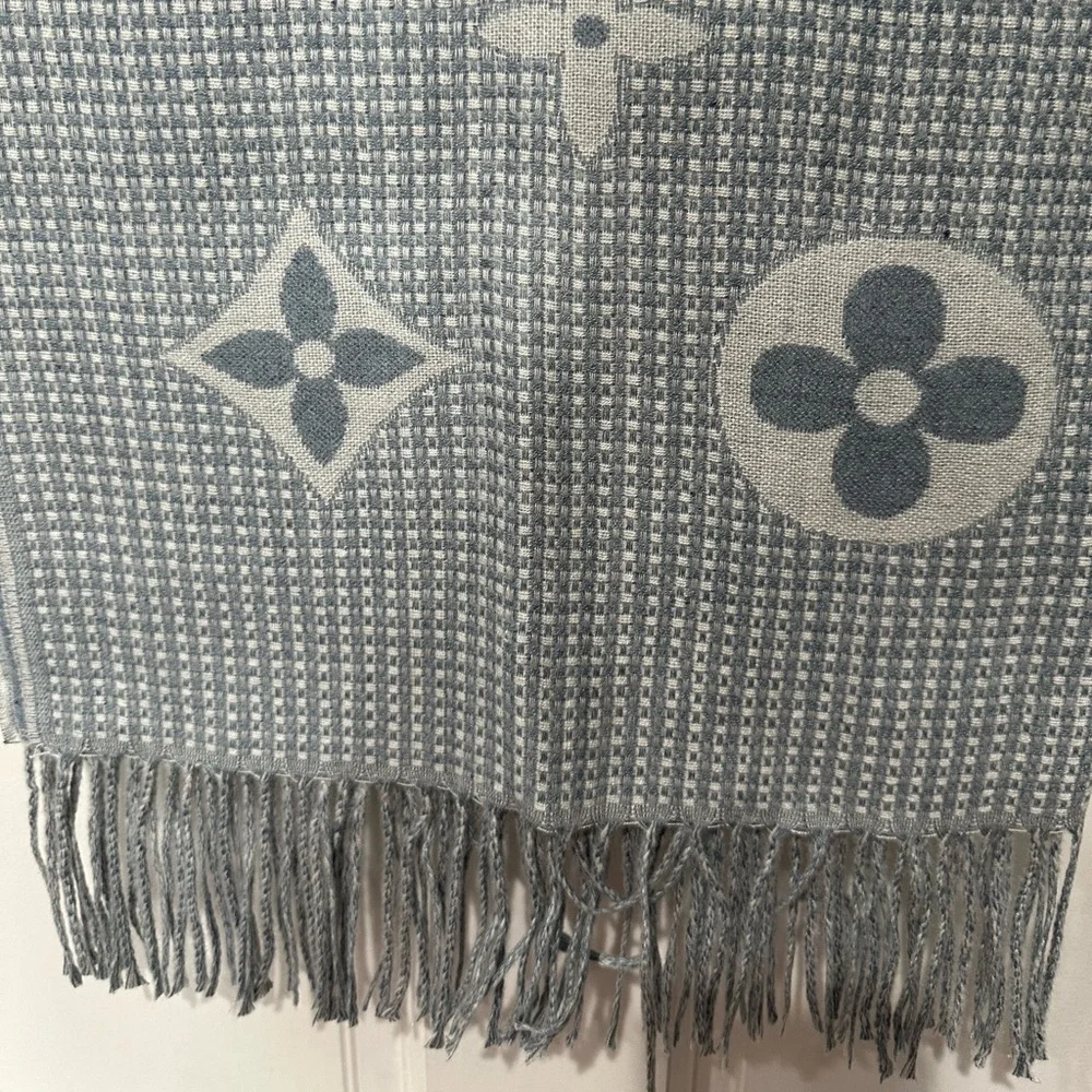 Blue & Gray Monogram Fringe Scarf | Floral Medallion Knit Wrap